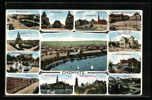 AK Chemnitz, Ortsansicht und zwölf Ansichten aus der Stadt