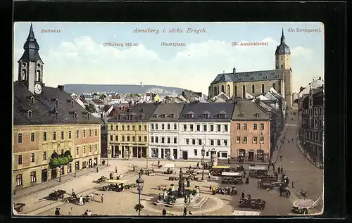 AK Annaberg / Erzg., Marktplatz mit Rathaus, St. Annenkirche und Gr. Kirchgasse