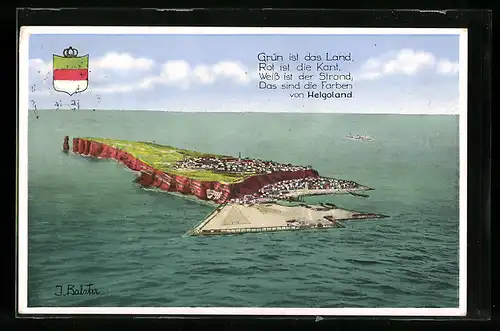 Künstler-AK Helgoland, Die Insel mit Wappen und Spruch