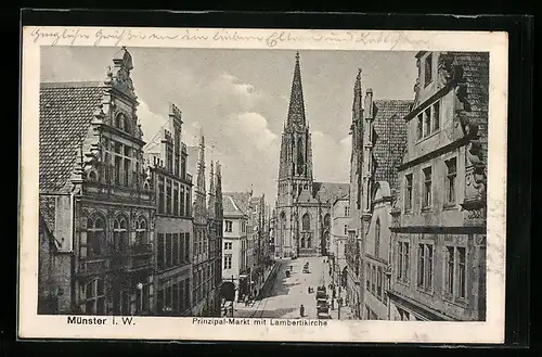 AK Münster i. W., Prinzipal-Markt mit Lambertikirche