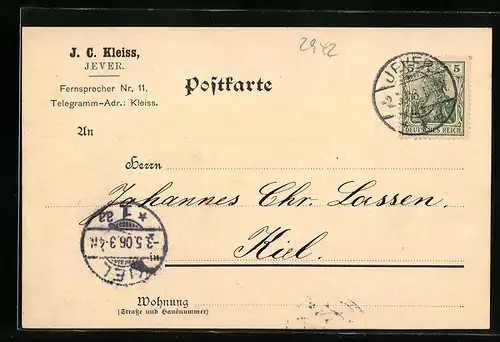 AK Jever, Geschäftskarte der Firma J. C. Kleiss