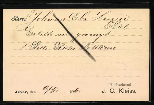 AK Jever, Geschäftskarte der Firma J. C. Kleiss