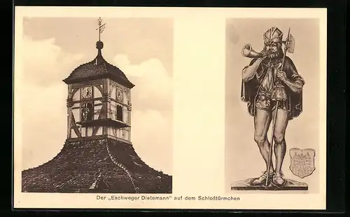 AK Eschwege, Der Eschweger Dietemann auf dem Schlosstürmchen, Dietemann-Kunstuhr