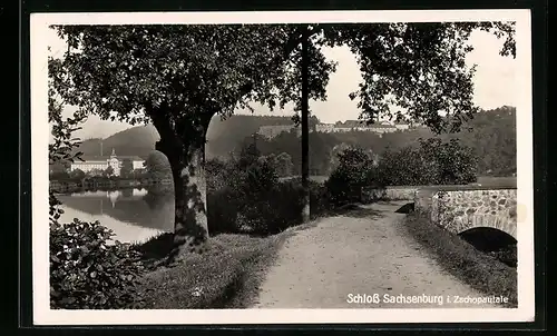 AK Sachsenburg im Zschopautale., Blick über die Zschopau zum Schloss