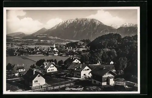 AK Oberaudorf, Blick über die gesamte Ortschaft zur Kirche und Richtung Bergkette
