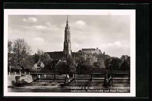 AK Landshut an der Isar, Ludwigwehr, Martinskirche und Burg Trausnitz