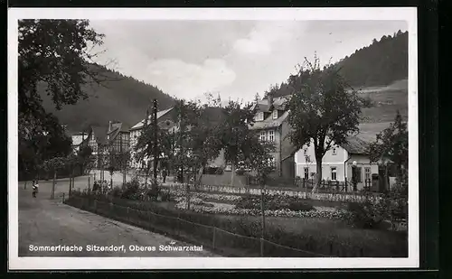 AK Sitzendorf, Partie vor den Wohnhäusern im oberen Schwarzatal