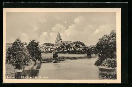 AK Schwaan, Blick über die Warnow zur Kirche im Ort