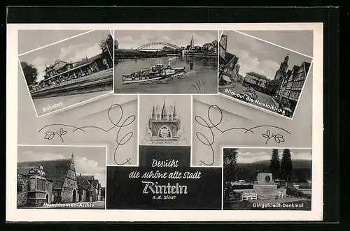 AK Rinteln a. d. Weser, am Bahnhof, die Nicolaikirche, das Münchhausen-Archiv, das Dingelstedt-Denkmal