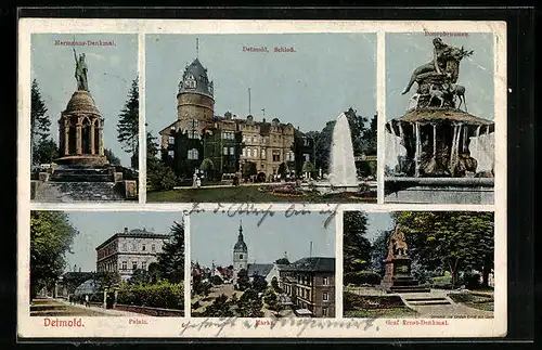 AK Detmold, vor dem Schloss, das Hermanns-Denkmal, am Palais, das Graf Ernst-Denkmal