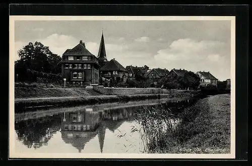 AK Bünde i. W., am Ufer der Else, Blick auf die Wohnhäuser