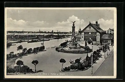 AK Duisburg-Ruhrort, Schifferbörse mit Blick a. Hafen und Rhein