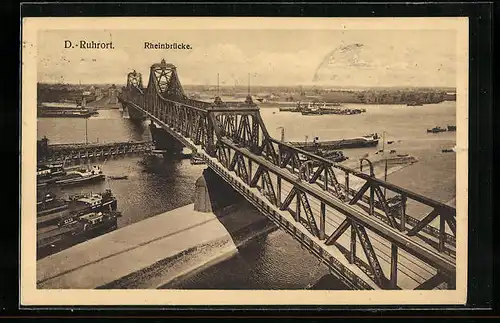 AK Duisburg-Ruhrort, Schiff unter der Rheinbrücke