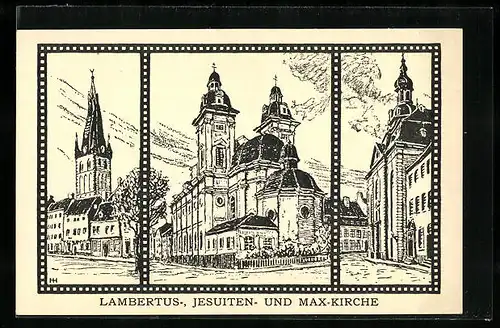 Künstler-AK Düsseldorf, die Lambertus-, Jesuiten- und Max-Kirche