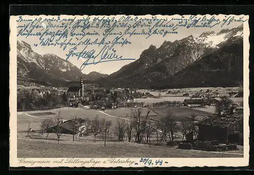 AK Grossgmain, Generalansicht mit der Kirche gegen das Sattengebirge und den Untersberg