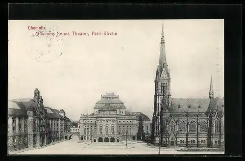 AK Chemnitz, das Museum, das Neue Theater und die Petri-Kirche