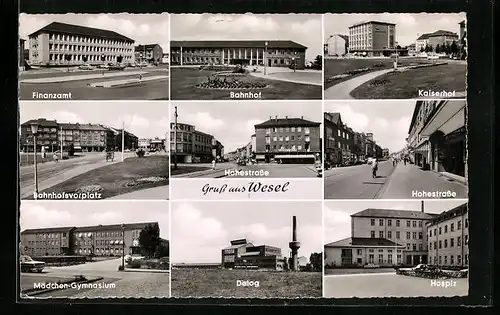 AK Wesel am Rhein, vor dem Finanzamt, auf dem Bahnhofsvorplatz, das Mädchen-Gymnasium, Hohestrasse, Kaiserhof