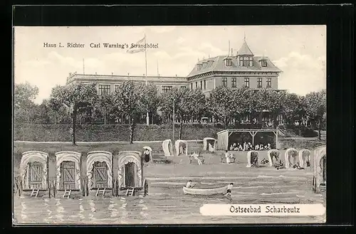 AK Ostseebad Scharbeutz, Blick vom Strand auf Carl Warnings Strandhotel und das Haus L. Richter