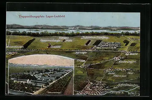 Künstler-AK Eugen Felle: Lager Lechfeld, Truppenübungsplatz, das Barackenlager, Karte der Umgebung