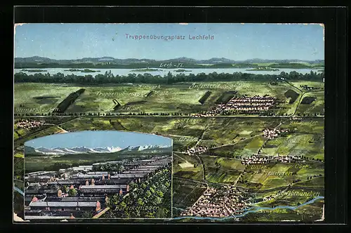 Künstler-AK Eugen Felle: Lechfeld, Truppenübungsplatz, Landkarte der Umgebung, das Barackenlager