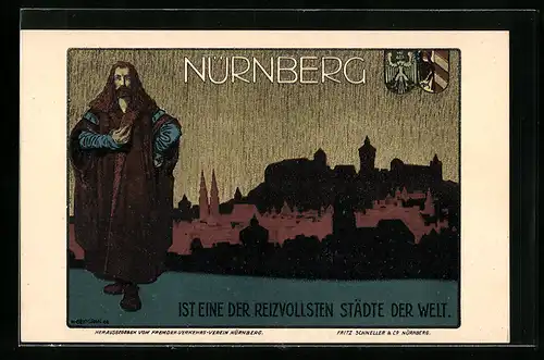 Künstler-AK Nürnberg, Stadtpanorama mit Burg und Wappen