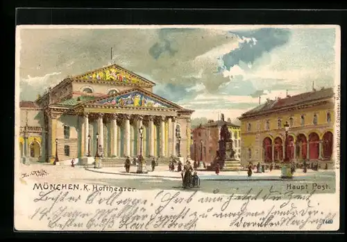 Lithographie München, K. Hoftheater und Haupt-Post
