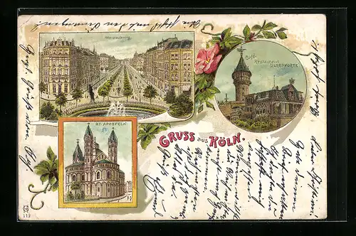 Lithographie Köln-Neustadt, Hohenstaufenring, Café-Restaurant Ulrepforte, St. Aposteln