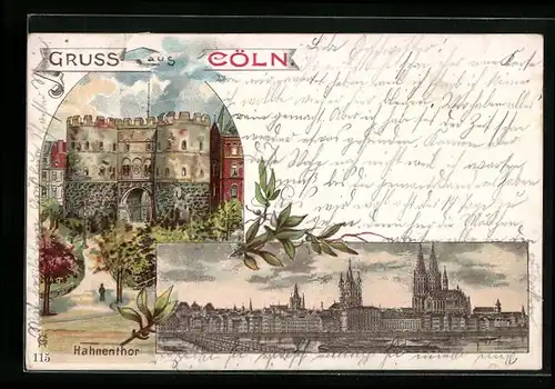 Lithographie Köln, Hahnentor, Stadtpanorama