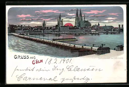 Lithographie Köln, Rheinufer mit Dom im Abendrot