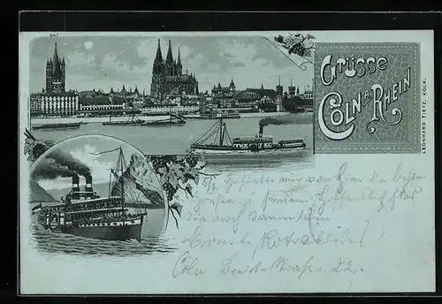 Mondschein-Lithographie Köln a. R., Stadtansicht mit Dom, Rheindampfer