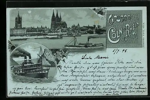 Mondschein-Lithographie Köln a. R., Stadtansicht mit Dom, Rheindampfer