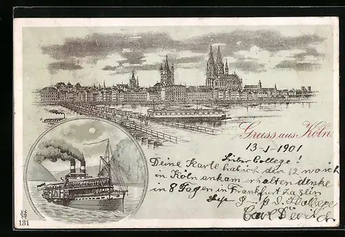 Lithographie Köln, Stadtpanorama mit Dom, Rheindampfer