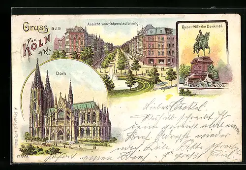 Lithographie Köln-Neustadt, Hohenstaufenring, Dom, Kaiser Wilhelm-Denkmal