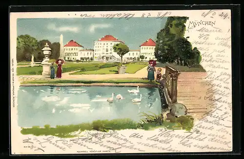 Künstler-AK München-Nymphenburg, Schloss Nymphenburg und Teich mit Schwänen