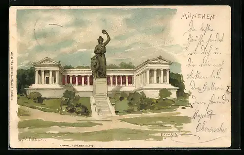 Künstler-AK München, Ruhmeshalle und Bavaria unter Wolkenhimmel