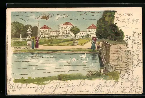 Künstler-AK München-Nymphenburg, Schloss Nymphenburg und Teich mit Schwänen