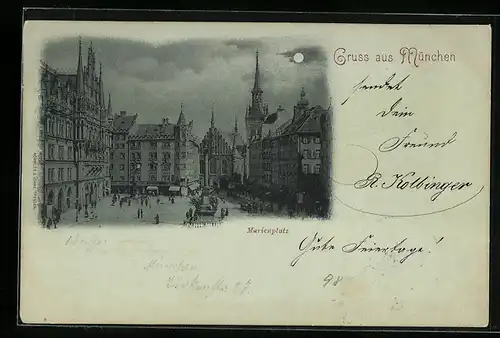 Mondschein-AK München, Marienplatz