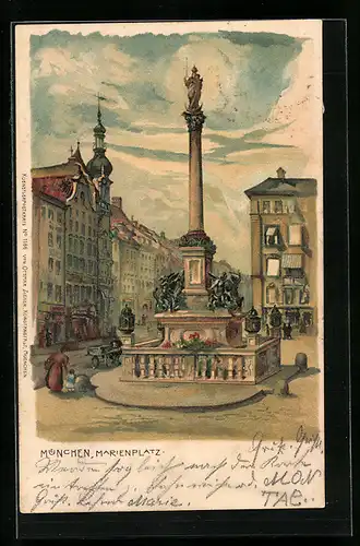 Lithographie München, Mariensäule auf dem Marienplatz