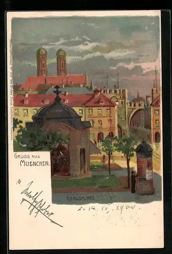 AK München, Karlsplatz mit Frauenkirche und Litfasssäule