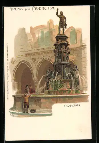 Lithographie München, am Fischbrunnen