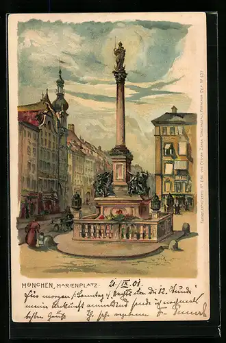 Lithographie München, Mariensäule auf dem Marienplatz