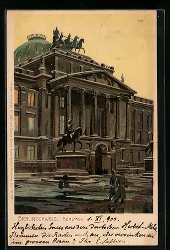 Lithographie Braunschweig, vor dem Schloss mit Reiterstandbild