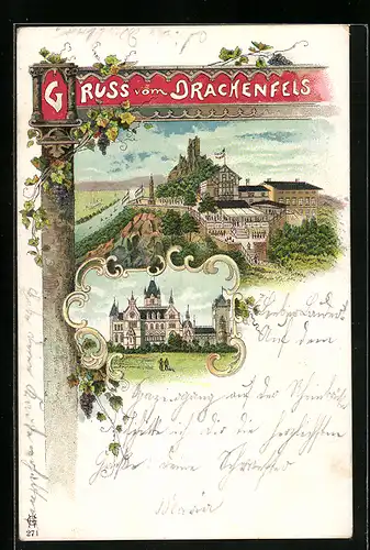 Lithographie Drachenfels, Restaurant und Schloss