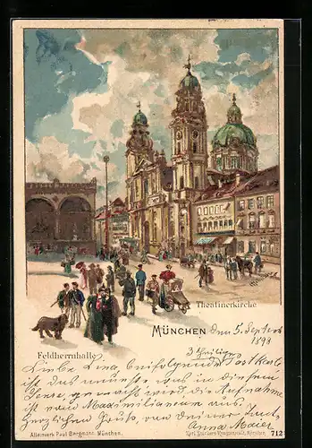 Lithographie München, Feldherrnhalle und Theatinerkirche