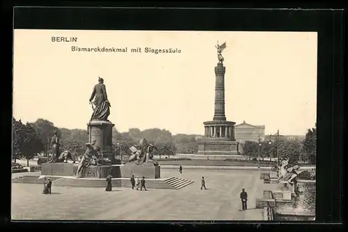 AK Berlin-Tiergarten, Bismarckdenkmal mit der Siegessäule vor der Umplatzierung