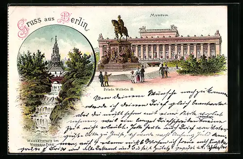 Lithographie Berlin-Kreuzberg, Wassersturz im Victoria Park, Museum, Denkmal Friedrich Wilhelm III.