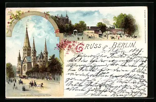 Lithographie Berlin-Charlottenburg, Kaiser Wilhelm Gedächtniss-Kirche, Passanten auf der Promenade
