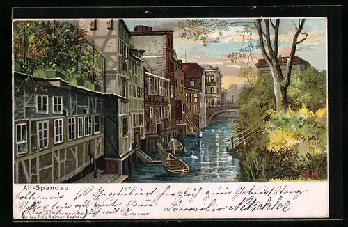 Künstler-AK Berlin-Spandau, Häuserzeile am kanal