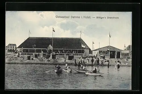 AK Ostseebad Dahme in Holst., Ruderboote vor Böttger`s Strandhalle