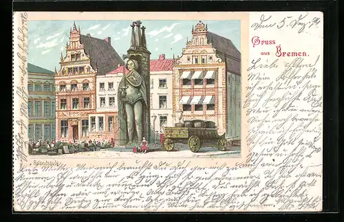Lithographie Bremen, die Rolandsäule auf dem Marktplatz